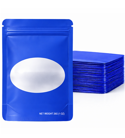 50 Pack – 28g Solid Color Mylar Bags with Oval Window - Royal Blue