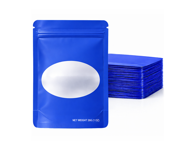 50 Pack – 28g Solid Color Mylar Bags with Oval Window - Royal Blue
