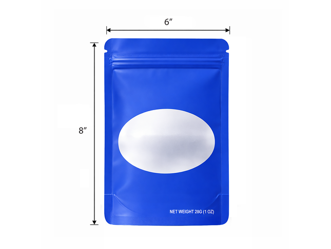 50 Pack – 28g Solid Color Mylar Bags with Oval Window - Royal Blue