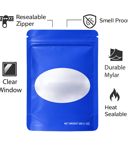 50 Pack – 28g Solid Color Mylar Bags with Oval Window - Royal Blue