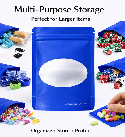 50 Pack – 28g Solid Color Mylar Bags with Oval Window - Royal Blue