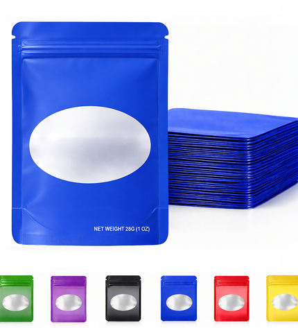 50 Pack – 28g Solid Color Mylar Bags with Oval Window - Royal Blue