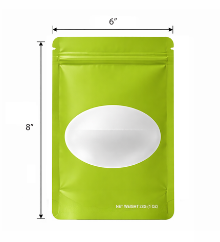 50 Pack – 28g Solid Color Mylar Bags with Oval Window - Green