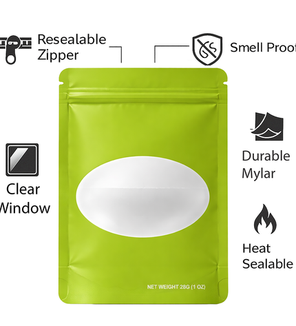 50 Pack – 28g Solid Color Mylar Bags with Oval Window - Green