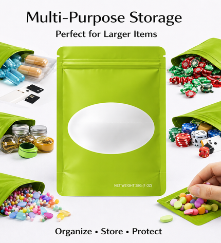 50 Pack – 28g Solid Color Mylar Bags with Oval Window - Green