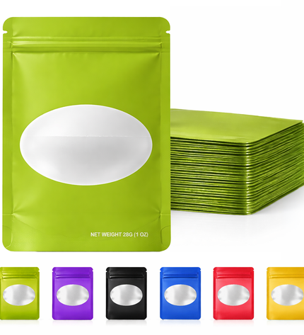 50 Pack – 28g Solid Color Mylar Bags with Oval Window - Green
