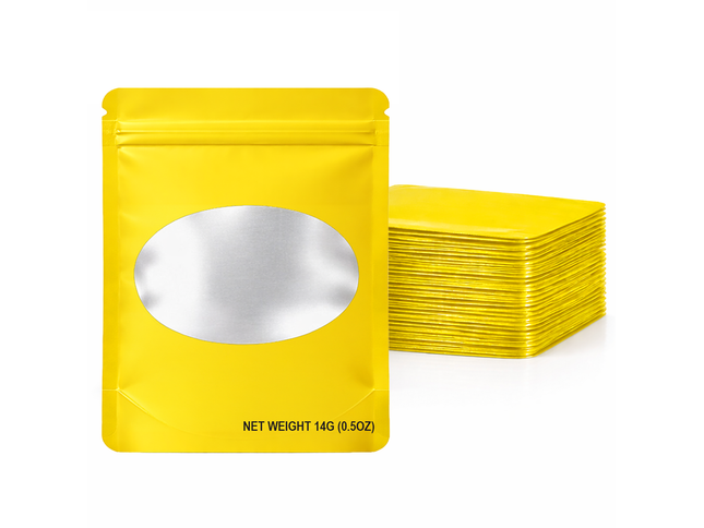 50-Pack 28g Solid Color Mylar Bags with Oval Window – Yellow
