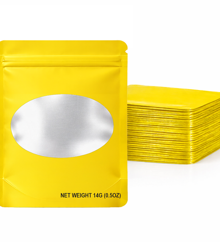 50-Pack 28g Solid Color Mylar Bags with Oval Window – Yellow