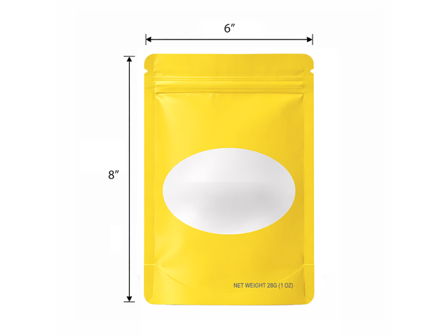 50 Pack – 28g Solid Color Mylar Bags with Oval Window - Yellow