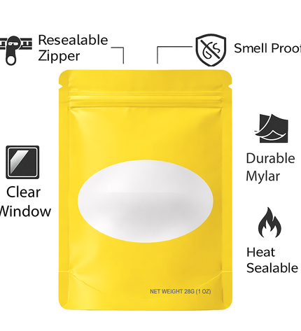 50-Pack 28g Solid Color Mylar Bags with Oval Window – Yellow
