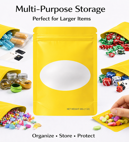 50-Pack 28g Solid Color Mylar Bags with Oval Window – Yellow
