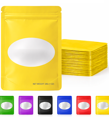 50-Pack 28g Solid Color Mylar Bags with Oval Window – Yellow