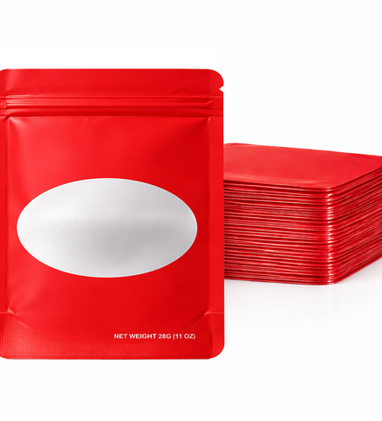50 Pack – 28g Solid Color Mylar Bags with Oval Window - Red