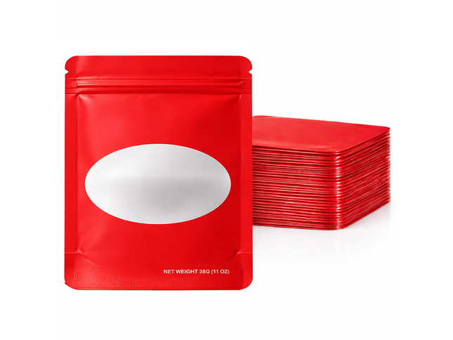 50 Pack – 28g Solid Color Mylar Bags with Oval Window - Red