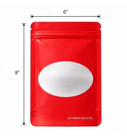 50 Pack – 28g Solid Color Mylar Bags with Oval Window - Red