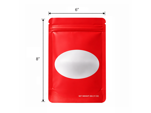 50 Pack – 28g Solid Color Mylar Bags with Oval Window - Red