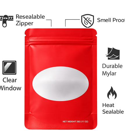 50 Pack – 28g Solid Color Mylar Bags with Oval Window - Red