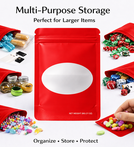 50 Pack – 28g Solid Color Mylar Bags with Oval Window - Red