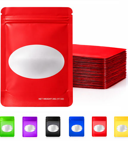 50 Pack – 28g Solid Color Mylar Bags with Oval Window - Red