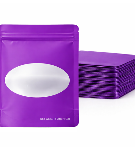 50 Pack – 28g Solid Color Mylar Bags with Oval Window - Purple
