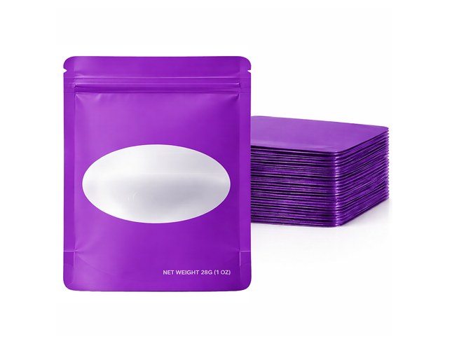 50 Pack – 28g Solid Color Mylar Bags with Oval Window - Purple