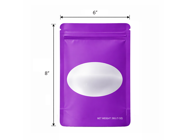 50 Pack – 28g Solid Color Mylar Bags with Oval Window - Purple