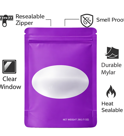 50 Pack – 28g Solid Color Mylar Bags with Oval Window - Purple