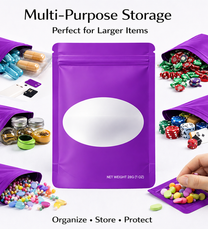 50 Pack – 28g Solid Color Mylar Bags with Oval Window - Purple