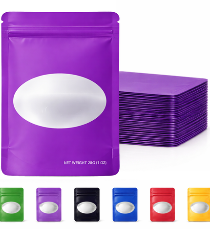50 Pack – 28g Solid Color Mylar Bags with Oval Window - Purple