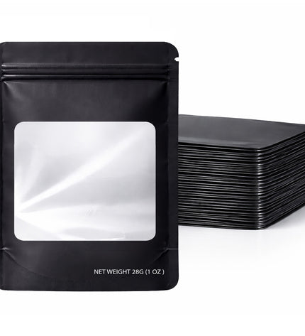 50 Pack – 28g Solid Color Mylar Bags with Square Window - Black