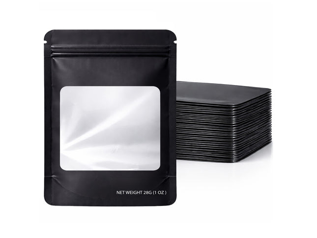 50 Pack – 28g Solid Color Mylar Bags with Square Window - Black