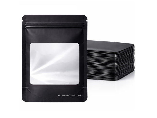 50 Pack – 28g Solid Color Mylar Bags with Square Window - Black