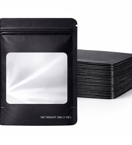 50 Pack – 28g Solid Color Mylar Bags with Square Window - Black