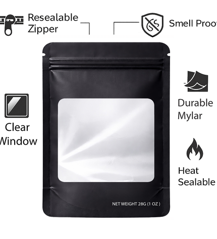 50 Pack – 28g Solid Color Mylar Bags with Square Window - Black