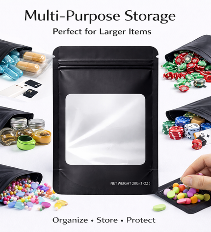 50 Pack – 28g Solid Color Mylar Bags with Square Window - Black