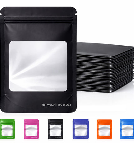 50 Pack – 28g Solid Color Mylar Bags with Square Window - Black