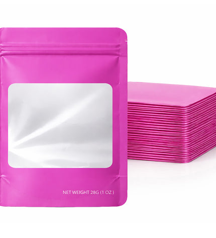 50 Pack – 28g Solid Color Mylar Bags with Square Window - Pink