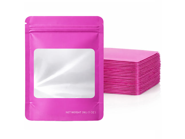 50 Pack – 28g Solid Color Mylar Bags with Square Window - Pink