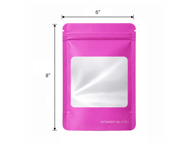 50 Pack – 28g Solid Color Mylar Bags with Square Window - Pink