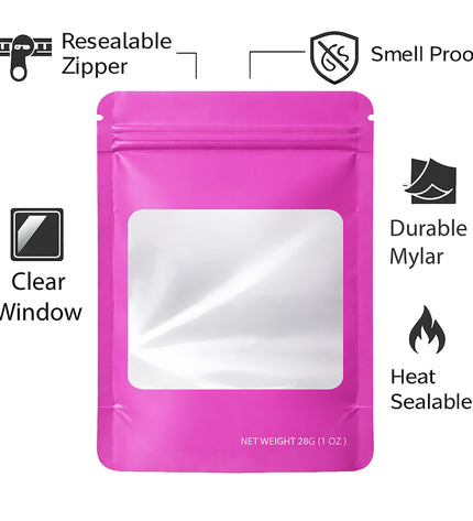 50 Pack – 28g Solid Color Mylar Bags with Square Window - Pink