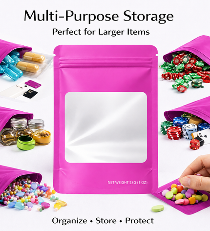 50 Pack – 28g Solid Color Mylar Bags with Square Window - Pink