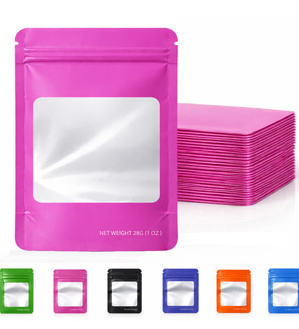 50 Pack – 28g Solid Color Mylar Bags with Square Window - Pink
