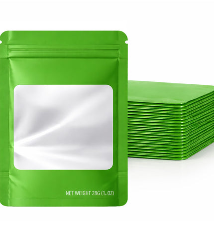 50 Pack – 28g Solid Color Mylar Bags with Square Window - Green