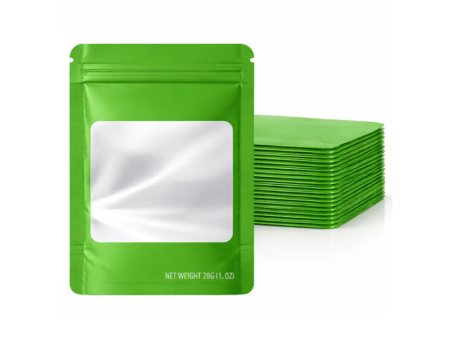 50 Pack – 28g Solid Color Mylar Bags with Square Window - Green
