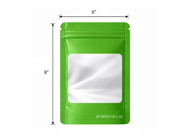 50 Pack – 28g Solid Color Mylar Bags with Square Window - Green