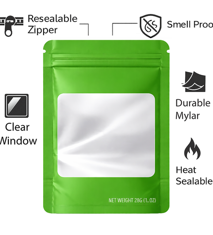 50 Pack – 28g Solid Color Mylar Bags with Square Window - Green