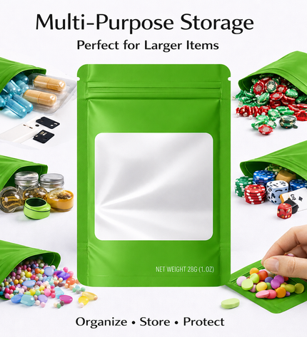 50 Pack – 28g Solid Color Mylar Bags with Square Window - Green