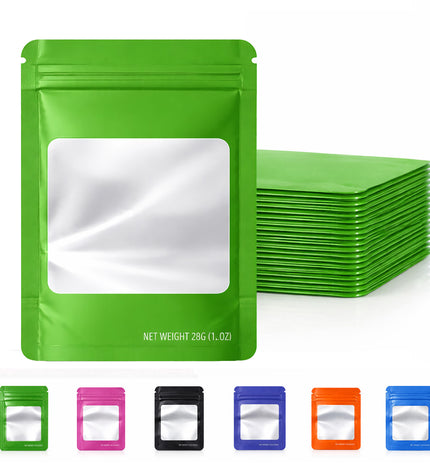 50 Pack – 28g Solid Color Mylar Bags with Square Window - Green