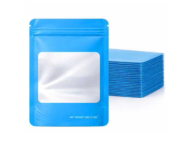 50 Pack – 28g Solid Color Mylar Bags with Square Window - Light Blue