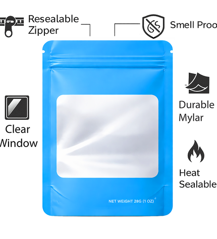 50 Pack – 28g Solid Color Mylar Bags with Square Window - Light Blue